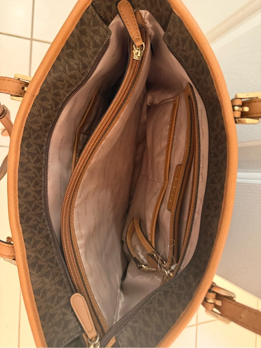 Michael Kors Dark Brown MK Signature Tote with Tan Straps